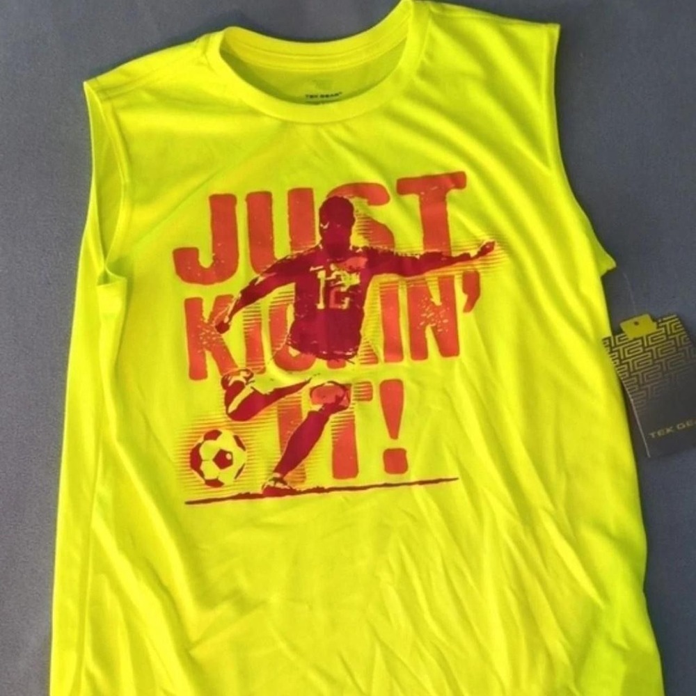 NWT Tek Gear Boys Large Neon Yellow Soccer Muscle Tee Tank Top - L 14/16